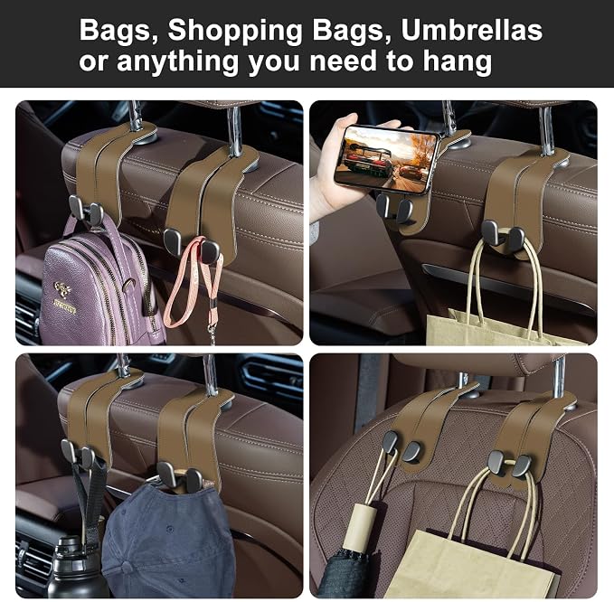 CoBak Purse Hook for Car - Universal Premium Stitched Leather and Aluminum-Magnesium Alloy Double Car Seat Back Storage Hook for Purses, Handbags, Bags (2 Pack),Khaki Beige