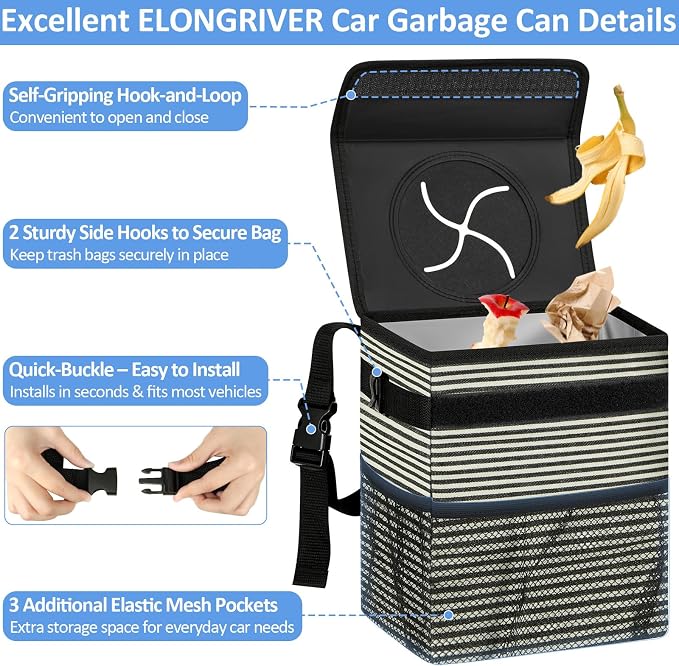 Car Trash Can Bin for Back Seat Leak Proof, Cute Car Trash Bag Hanging, Vehicle Trash Can for SUV Truck Van, Automotive Garbage Cans Front Seat Stripe