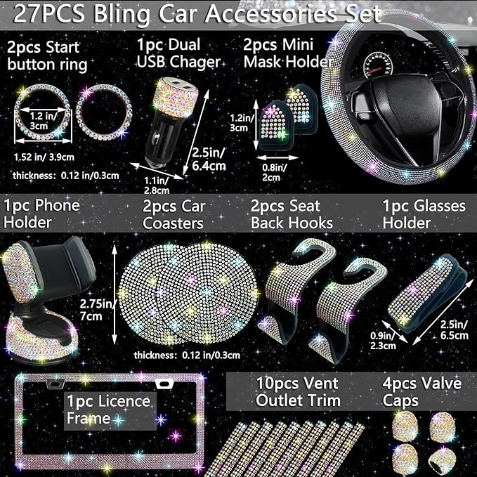 27 PCs Multicolor Bling Car Accessories Set for Women, Steering Wheel Covers Universal Fit 15 Inch, Bling License Plate Frame, Bling Phone Holder, Bling Car Coasters
