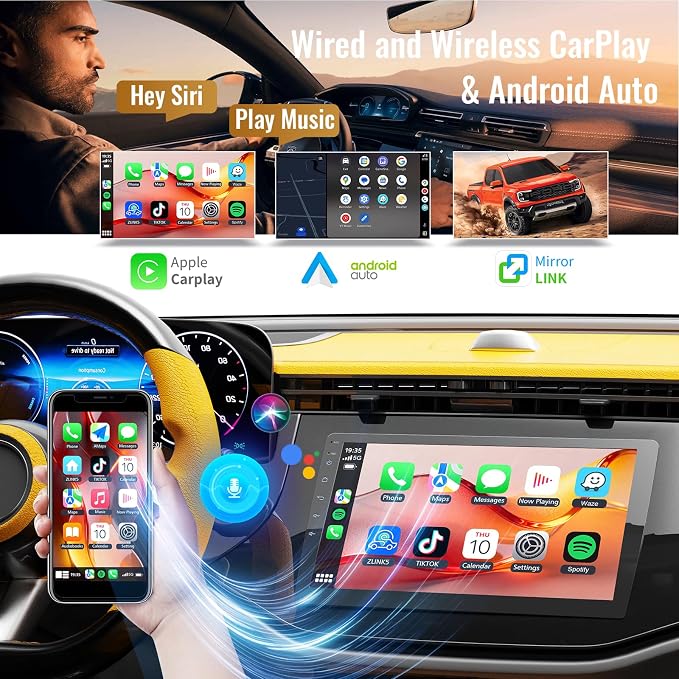 10.1 Inch Double Din Android Car Stereo with Wireless Apple CarPlay & Android Auto - 2GB RAM 64GB ROM, IPS Touchscreen, GPS Navigation, Bluetooth, Supports 720P AHD Backup Camera
