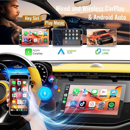 10.1 Inch Double Din Android Car Stereo with Wireless Apple CarPlay & Android Auto - 2GB RAM 64GB ROM, IPS Touchscreen, GPS Navigation, Bluetooth, Supports 720P AHD Backup Camera