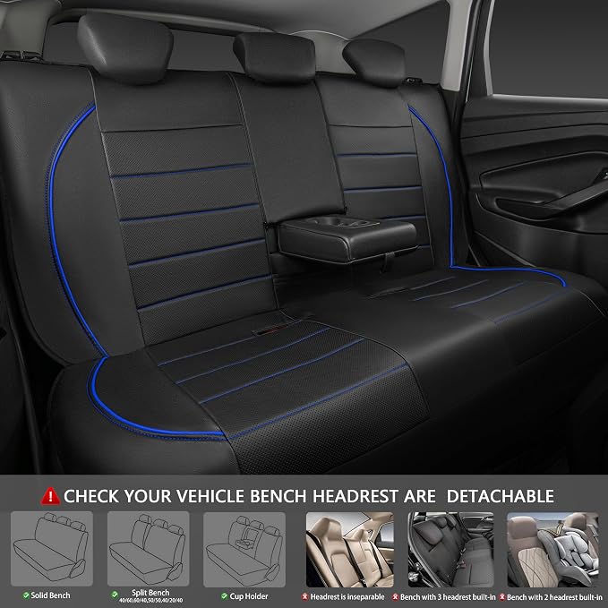 Universal FIT Piping Leather Car Seat Cover, for suvs,Van,Trucks,Airbag Compatible,Inside Zipper Design and Reserved Opening Holes (Full Set, Black and Blue)