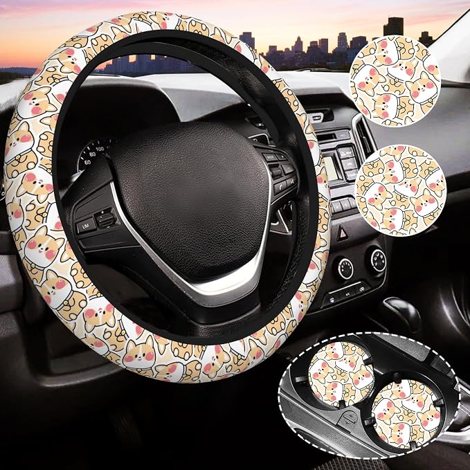 Corgi Steering Wheel Cover for Women, Steering Wheel Covers with Anti-Slip Lining, Universal 14.5-15 inchs Car Interior Accessories with 2PCS Car Coasters Suitable for Men and Women