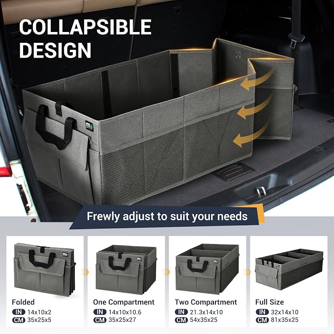 Trunk Organizer for Car, 12 Pockets Sturdy Car Organizer for SUV, Non-Slip Bottom, Folded Trunk Storage Organizer for Sedans, Van, Jeep, Grocery, Large 3 Compartments, Dark Gray 32"×13"×10"
