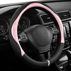 Steering Wheel Cover, Pink Patterned & Black Leather Patchwork Design, Universal Fit 14.5"–15.5", Anti-Slip, Odor-Free, Soft PU Grain Leather, Durable Grip Car Accessory for Girls & Women