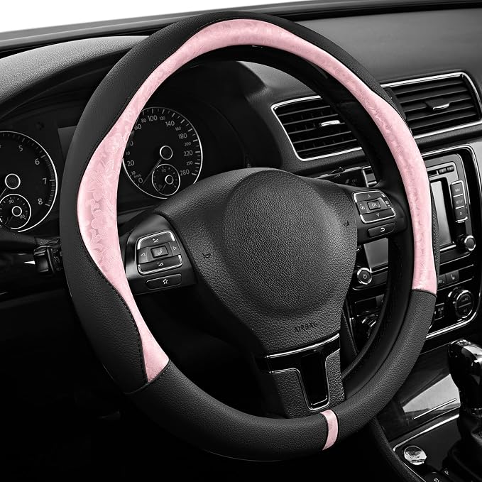 Steering Wheel Cover, Pink Patterned & Black Leather Patchwork Design, Universal Fit 14.5"–15.5", Anti-Slip, Odor-Free, Soft PU Grain Leather, Durable Grip Car Accessory for Girls & Women