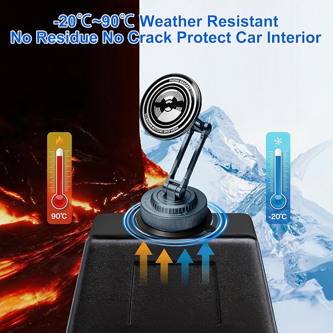 PIEPIE All-Metal Alloy Long Arm Magnetic Suction Cup Car Phone Mount Holder | Strong Powerful Magnetic Heavy-Duty Windshield Dash 360° Mechanical Rotation Cell Mobile Phone Vehicle Bracket for All Cars