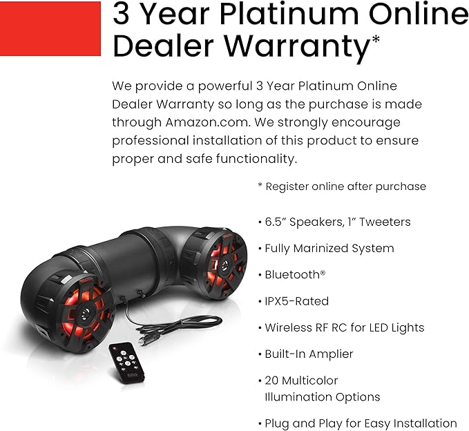 ATV65BRGB ATV Sound System - 6.5 Inch Speakers, Tweeters, IPX5 Weatherproof, Bluetooth, Built-in Amp, Multi-Color Illumination