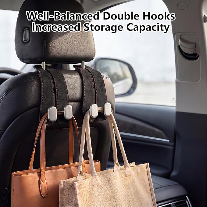 Car Seat Headrest Hooks for Purses & Shopping Bags, 2 Pack Suede Car Purse Hook, Double Hooks Secure Bags While Driving, Elegant & Durable, Simple to Install, Fits Handbags, Grocery Bags, Bottles.