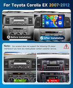 5G WiFi Car Radio Stereo for Toyota Corolla EX 2007-2012 Android 15 Wireless Carplay Android Auto, 9“ Touch Screen Bluetooth Car Audio,GPS,FM/RDS,SWC+AHD Backup Camera, 2G+64G