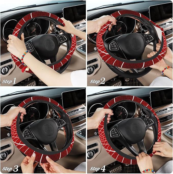 Red Spider Web Cobweb Car Steering Wheel Cover, Non-Slip Absorbing Sweat Car Wheel Cover Accessories for Men Women,Universal 15" Fit Auto SUV Vans Trucks