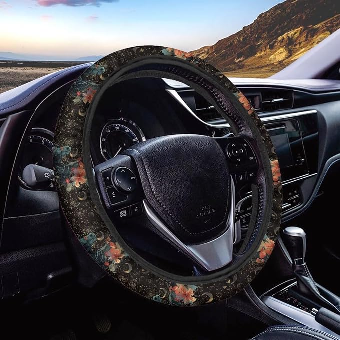 Steering Wheel Cover Vintage Horse Hibiscus Flower Pattern Full Surround Auto Steering Wheel Protector with a Diameter of 15" Steering Wheels Accessories for Car SUV Van Truck