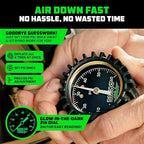 Rhino USA Adjustable Tire Deflators with Gauge (0-60psi) Calibrated & Automatic Tire Air Down Tool - Large 2" Easy Read Glow Dial & Solid Brass Hardware - Best Offroad Deflator for Jeep, Truck or ATV