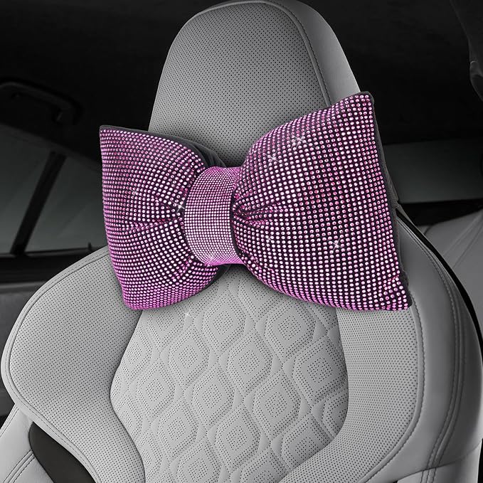 2 PCS Bling Car Pillows,Rhinestones Bowknot Car Headrest Pillow,Car Neck Pillow for Driver Relax Necksupport,Sleeping Travel Support Neck Pillow,Shiny Diamond Interior Accessories for Women,Pink