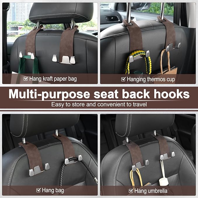 Car Seat Headrest Hook, Premium Suede Double Hook 2 Pack, Universal Hanging Accessories for Purse, Bag, Groceries - Car Interior Accessories (Brown)