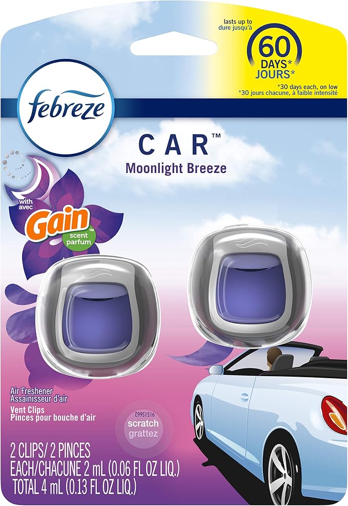 Car Odor-Eliminating Air Freshener Vent Clip with Gain Scent, Moonlight Breeze, 2 count