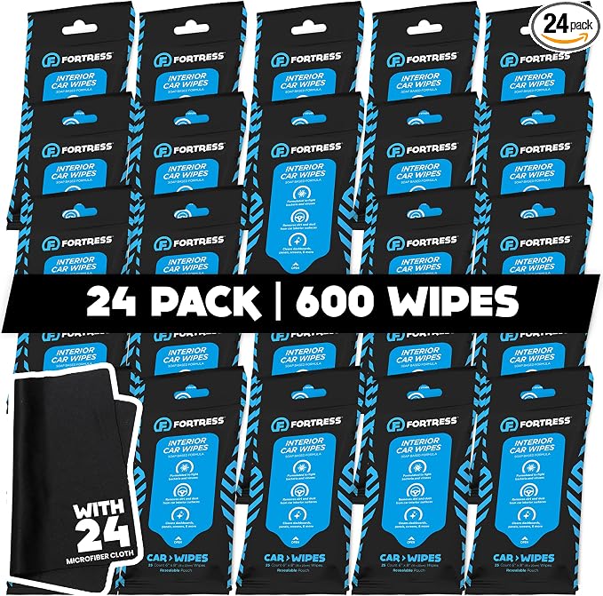 Car Interior Wipes with Microfiber Cloth (25 ct, Pack of 24) for Car Interior Cleaning, Dashboard, Seats, Detailing, and Steering Wheel [Travel Size] Skin-Safe Car Interior Cleaner Supplies
