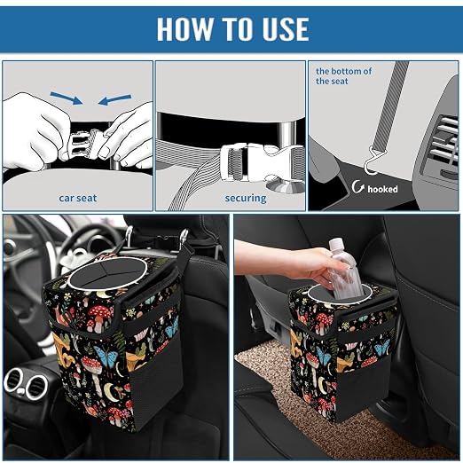 Car Trash Can with Lid Vintage Mushroom Ferns Floral Collapsible Reusable Leak-Proof Auto Garage Bag,Hanging Vehicle Car Accessories Interior Car Organizer