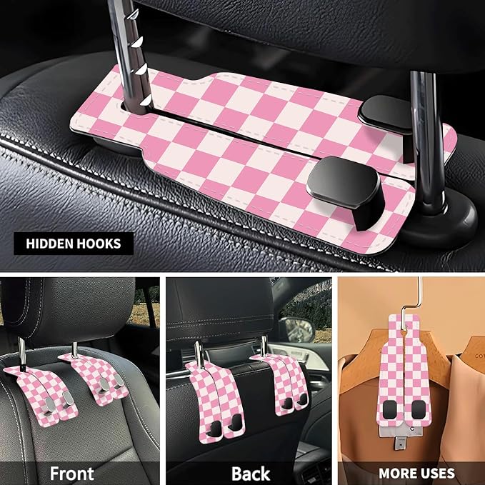 Car Seat Headrest Hook, Universal Leather Cute Hanger Holder Hook, Storage Organizer Interior Accessories for Purse Bags Handbag Cute Pink Checkerboard