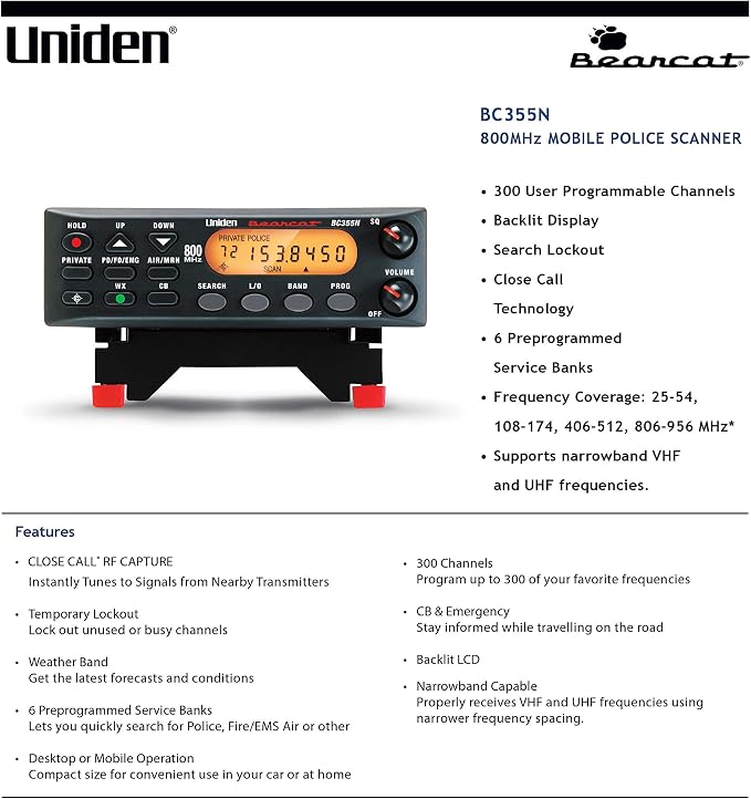 BC355N 300-Channel Base/Mobile Scanner, Close Call Capture, Pre-programmed Search Bands, NOAA Weather, Aviation, Marine, Railroad, NASCAR, and Non-digital' emergency services