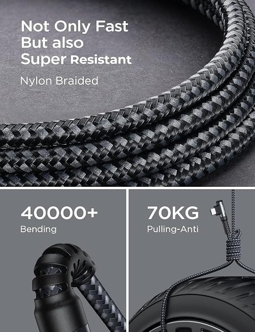 AINOPE USB to USB C Cable [2-Pack, 6.6ft] 3.1A Fast Charger Type C Right Angle, Resistant Nylon Braided C Type Charging Cable Compatible with Galaxy S10 S9 Plus S21, Note 10 9 LG, Type C Charger
