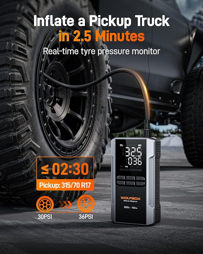MV16A 3000A Jump Starter with Air Compressor, 59.2Wh&160PSI Portable Car Battery Jump Starter with 65W Fast Charging, 12V Battery Pack (8L Gas 6L Diesel) with Boost, Light and Jumper Cables