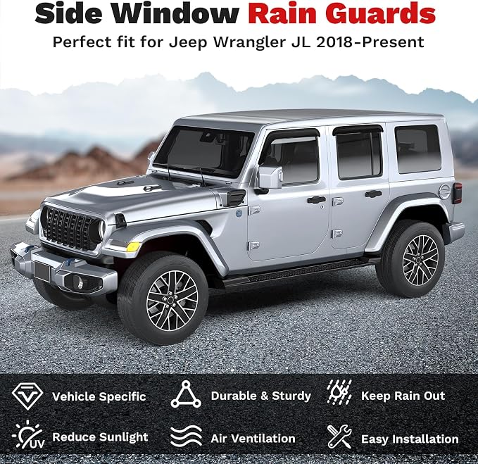 Wrangler JL Rain Guards - Window Visors for Jeep Wrangler JL 2018-2025 2026, Outside-Mount Tape-On Side Window Wind Deflectors for Wrangler JL Accessories, Vent Visors Shades Rainproof 4PCS
