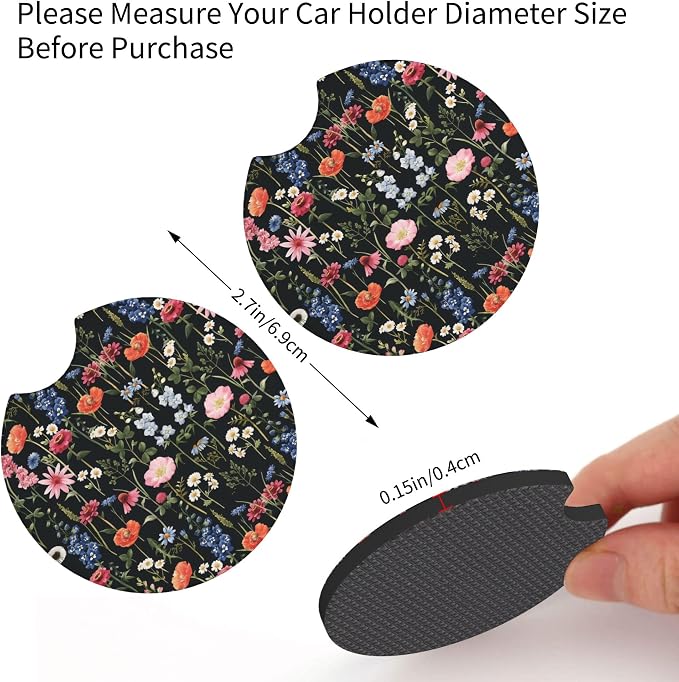 Wildflower Car Steering Wheel Cover + 2 Car Flower Cup Coasters | Anti-slip Universal Breathable 14 - 15-In For Women Wildflower Steering Wheel protection