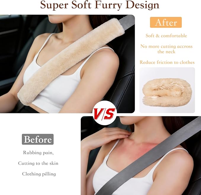 Soft Faux Fur Universal Fit Seatbelt Cover Car Truck SUV Airplane Seat Belt Shoulder Pad for Carmera Backpack Straps Neck Cushion Protector Extra Long 19.7in Beige