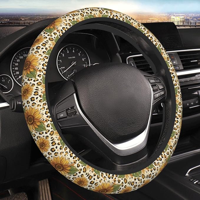Sunflower Leopard Print Steering Wheel Cover, 15 Inch Universal Fit Neoprene Car Protector, Anti-Slip & Durable Auto Interior Accessory for Men and Women