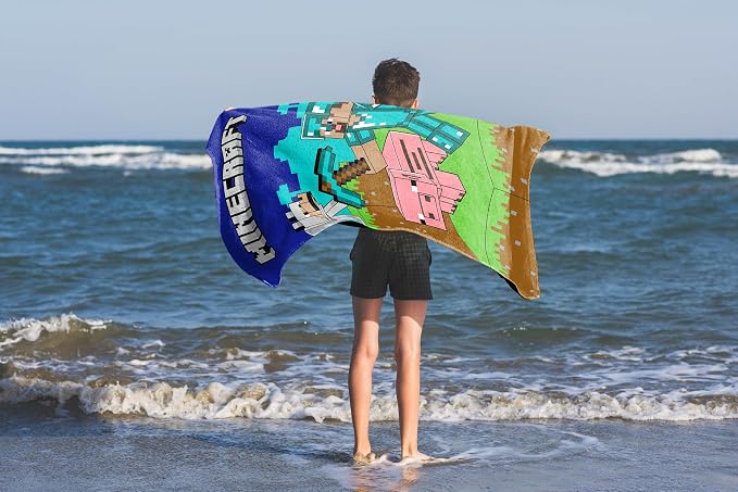 Minecraft Kids Bath Pool Beach Towel - Super Soft & Absorbent 100% Cotton Towel, Measures 28 x 58