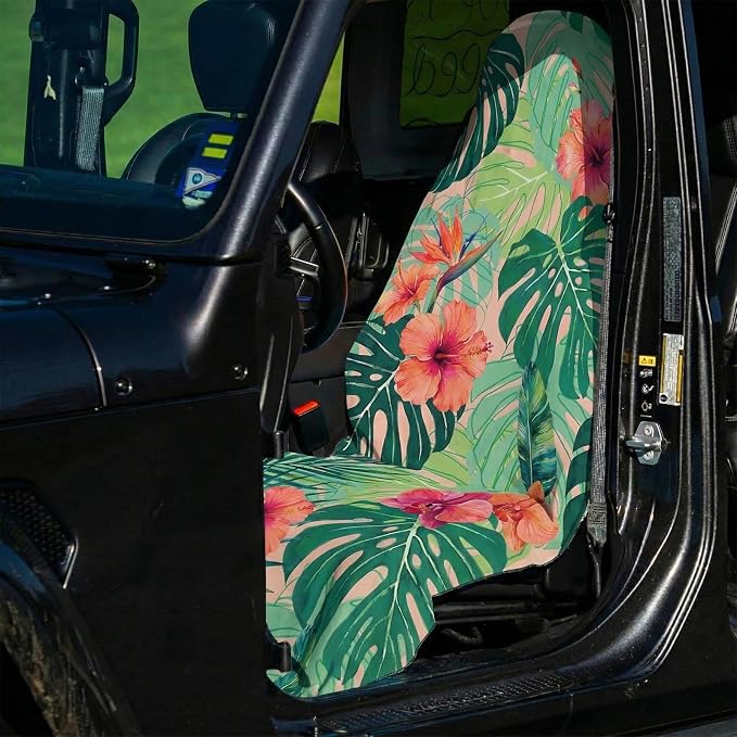 2 Pack Car Seat Towel Covers, Sweat-Proof Microfiber Seat Protectors for Gym, Running, Beach & Workout, Breathable Quick-Dry, Machine Washable, Green Tropical Floral Print, Universal Fit