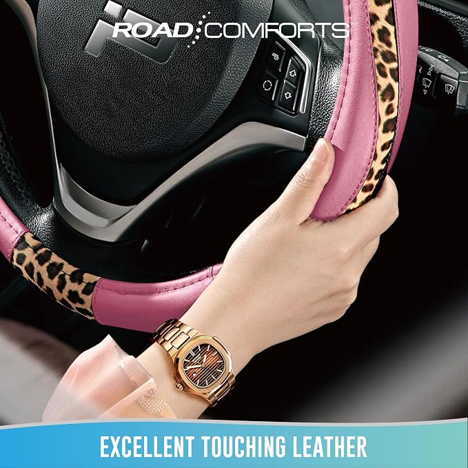 Steering Wheel Cover - Made with PVC Leather and Leopard Fabric - Universal 14 1/2 inches to 15 inches for Most Automotive Steering Wheel - Cheetah Print -Pink