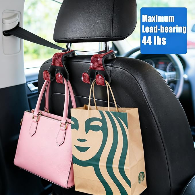 Bling Car Purse Hooks 2Pcs, Durable Car Headrest Hook, Holds 44Lbs, Double-Hooks, Wide-Opening, Rhinestone Automobile Purse Hangers Holder, Bling Car Accessories for Women, Red