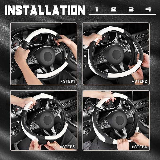 Car Steering Wheel Cover Universal Standard Size 14.5-15 inch, Black and White Microfiber Leather