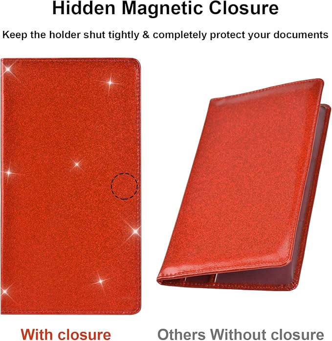 Car Registration and Insurance Holder, Vehicle Glove Box Car Organizer Men Women Wallet Accessories Case with Magnetic Shut for Cards, Essential Document, Driver License, Bling Red