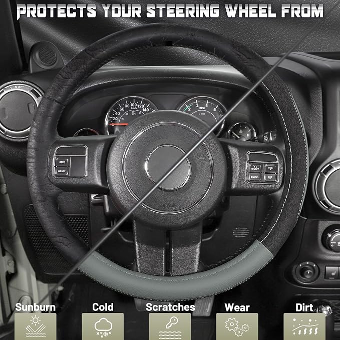 Car Steering Wheel Cover for F-150 Tundra Range Rover 15.5-16 inch, Black and Gray Microfiber Leather