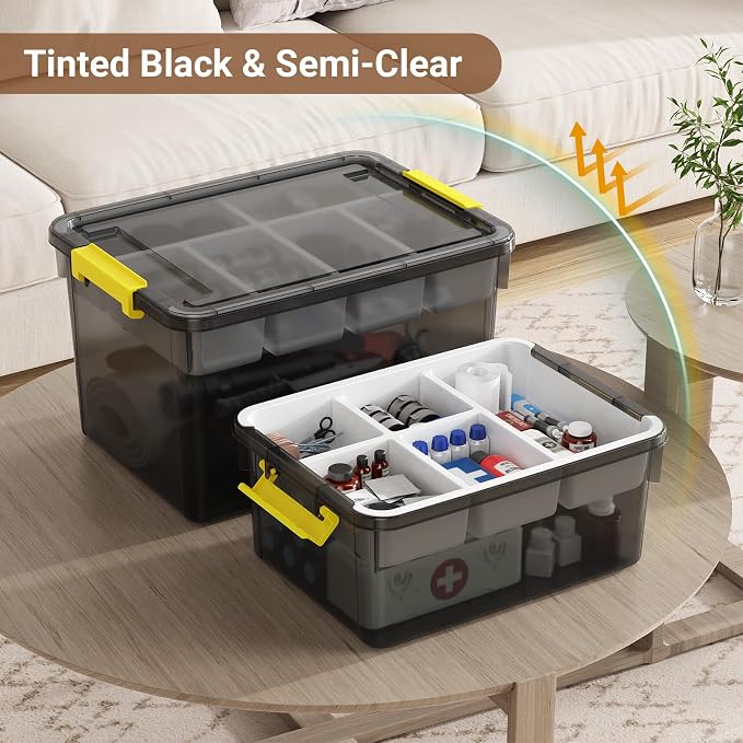 20Qt & 40Qt Stackable Storage Bins with Lids & Trays, Clear Plastic Latching Boxes Organizers with Dividers Portable Containers for Arts & Crafts,Home &Car Trunk Organization,Clear Grey,2Pack