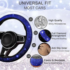 12 Pcs Bling Car Accessories Set for Women Car Floor Mats Full Set Steering Wheel Cover Seat Belt Covers Coasters Universal Fit Car SUV Truck Van Blue