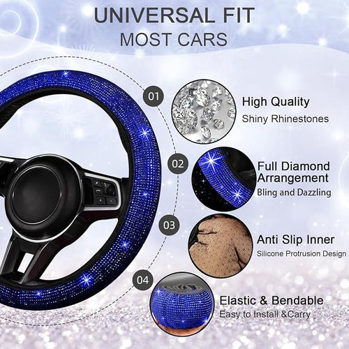 12 Pcs Bling Car Accessories Set for Women Car Floor Mats Full Set Steering Wheel Cover Seat Belt Covers Coasters Universal Fit Car SUV Truck Van Blue