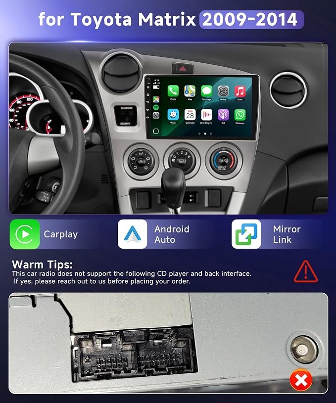 4G+64G Car Radio Stereo for Toyota Matrix 2009-2014, 9inch IPS Touch Screen/Android 15/Wireless CarPlay/Android Auto/32 EQ/GPS/WiFi/5.0Bluetooth/FM/RDS/SWC/AHD Backup Camera