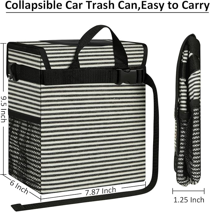 Car Trash Can for Car with Lid, Car Organizer Can Trash Bag Hanging Leak Proof Vehicle Trash Can (Stripe Print, 2 Gallons)