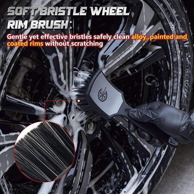 Wheel & Tire Brush Set, 2 Pack Car Wheel Brush & Tire Cleaner Brushes, Soft Bristle Rim Brush and Stiff Tire Scrub Brush, Scratch-Free Wheel Cleaning Kit for Car Detailing, Trucks, SUVs