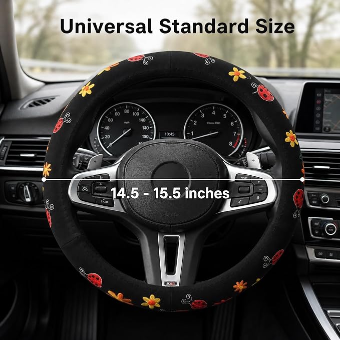 Cute Car Steering Wheel Cover with Embroidery Pattern for Women Girls, Short Flannel, Universal 15 inch (A#)