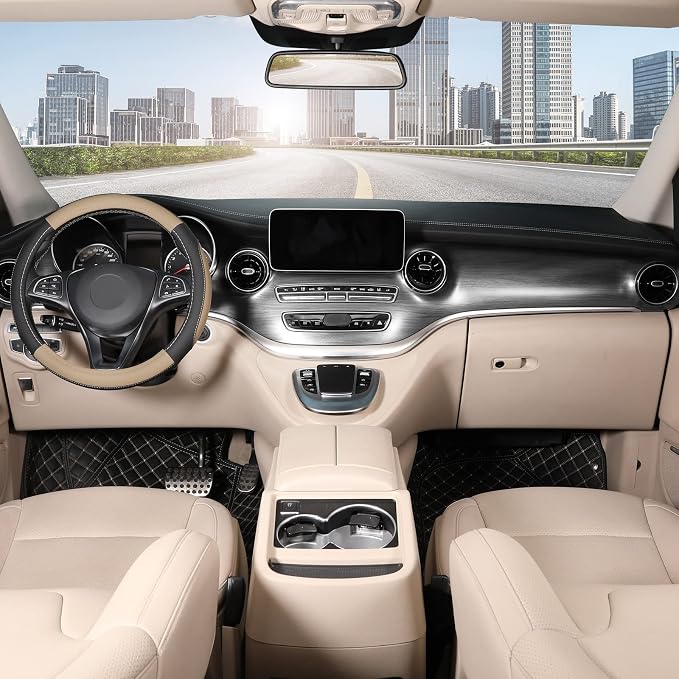 Car Steering Wheel Cover Universal Standard Size 14.5-15 inch, Black and Beige Microfiber Leather