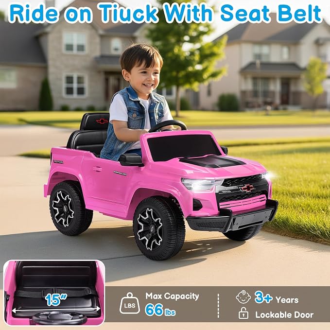 Licensed Chevrolet Colorado Electric Car for Kids, 12V Ride on Toys for Toddlers with Remote Control, Battery Powered Electric Car Ride On Vehicle w/Bluetooth, Soft Start, LED Lights - Pink