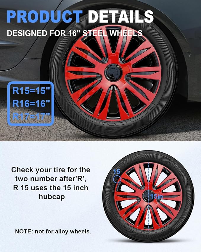 Hubcaps,16 inch hubcaps Set of 4, Wheel Rim Cover ABS Material, Snap On Car Truck SUV Replacement, for Toyota Camry Nissan Mazda etc, Black&Red