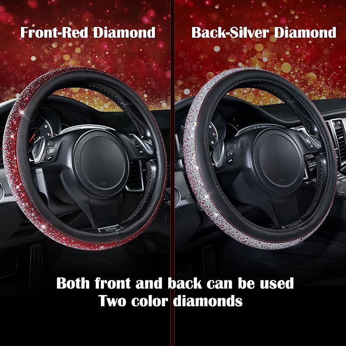 Bling Diamond Leather Steering Wheel Cover, Bling Sparkly Crystal Glitter Rhinestones Universal Fit 14" 1/2-15" Car Wheel Protector for Women Girl Fit Suvs,Vans,Sedans,Trucks, Red Silver