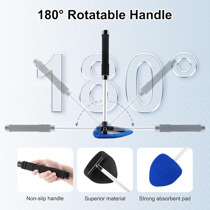 Windshield Cleaner Tool, Car Interior and Exterior Window Cleaning Kit with Extendable Handle & 4 Reusable Microfiber Pads, Auto Glass Wiper Brush Kit for Car & Home Windows (Blue)