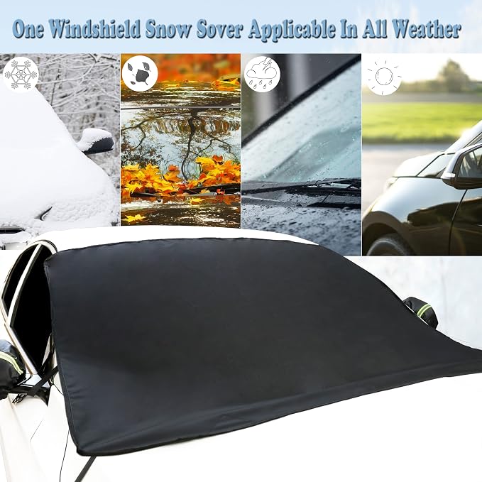 Car Windshield Snow Cover for Ice and Snow- Durable 600D Oxford Fabric with Side Mirror Covers Ice Scrapers Waterproof Windproof Dustproof Windshield Covers Universal Fit for Most Vehicle